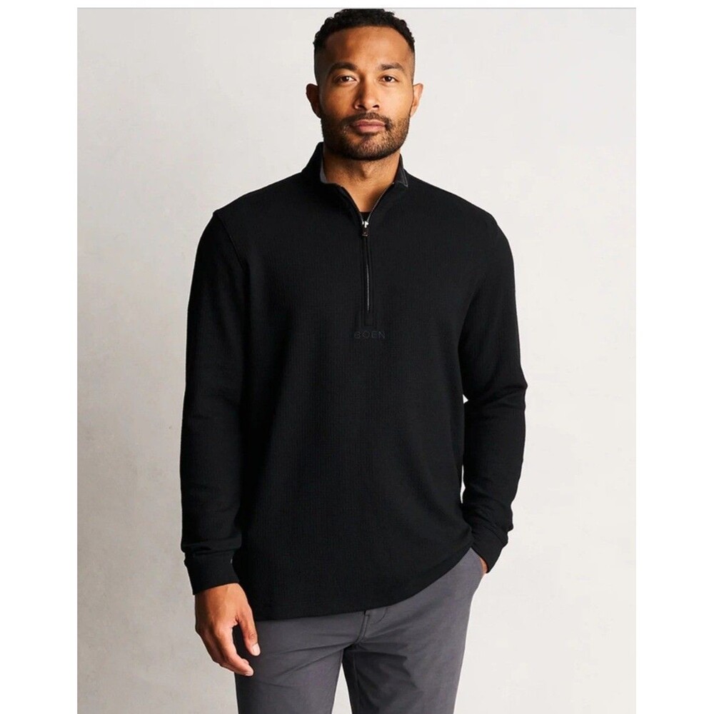 Boen Paradise Waffle Q-Zip Pullover Men's Black Plush Luxury Sweater Top